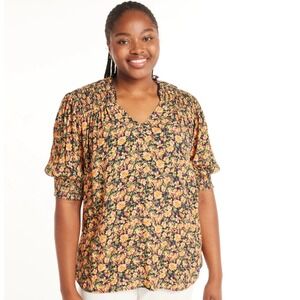 Terra Sky Womens 1X Smocked Neck Floral Print Short‎ Sleeve Top Blouse Orange